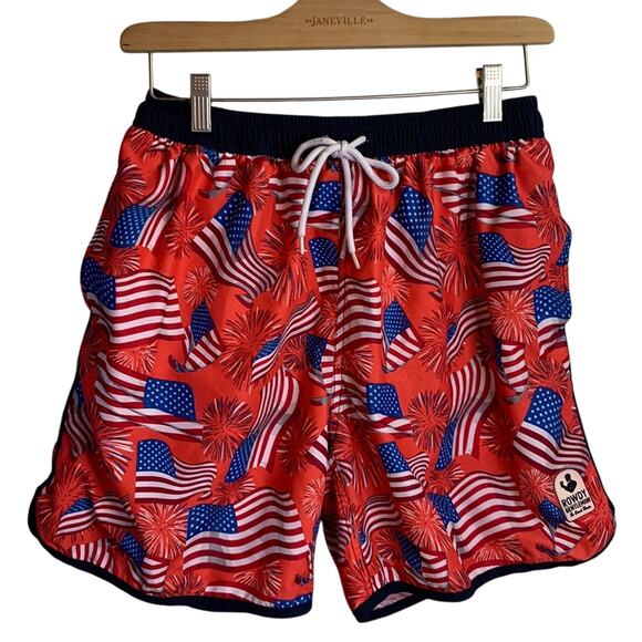 Rowdy Gentleman National Anthem USA Patriotic Flag Red Swim Trunks M-120 Sz L - Picture 1 of 10